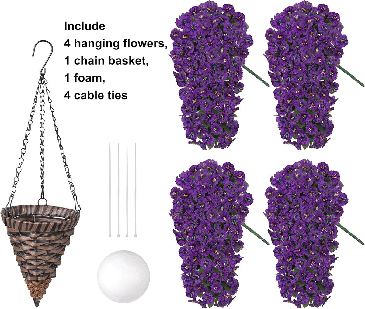 HyeFlora Artificial Faux Hanging Flowers Plants Basket for Outdoor Outside Porch Decoration, UV Resistant Fake Silk Purple Morning Glory Trailing Vines Realistic for Summer Home Balcony Yard Patio