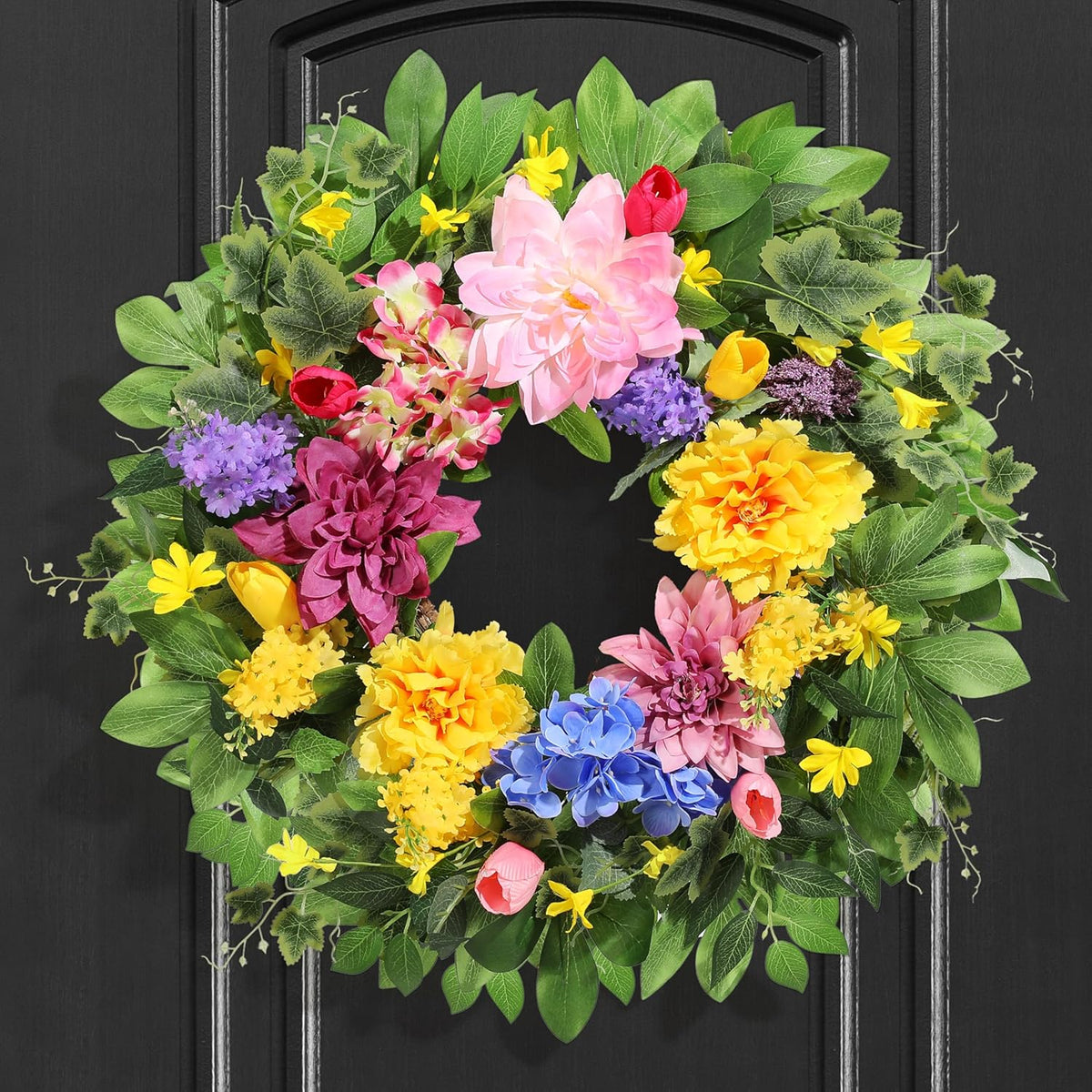 Spring Wreaths for Front Door, 24 Inch Greenery Front Door Wreath with Peonies Dahlias Hydrangeas, Artificial Home Decorations for Indoor Outdoor Window Wall, Outside Floral Wreath Decor for Home Porch