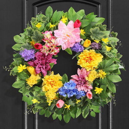 Spring Wreaths for Front Door, 24 Inch Greenery Front Door Wreath with Peonies Dahlias Hydrangeas, Artificial Home Decorations for Indoor Outdoor Window Wall, Outside Floral Wreath Decor for Home Porch