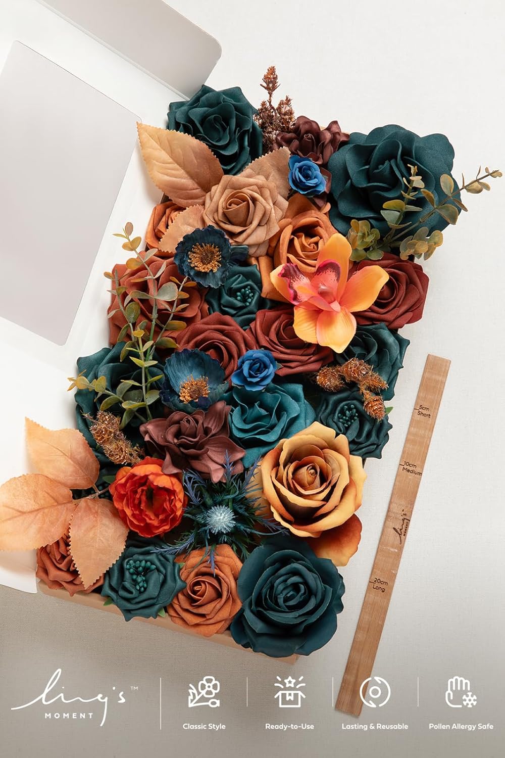 Ling's moment Fake Flowers Box, Faux Artificial Greenery Stems Foam Roses Gardenia Silk Poppy Fabic Flower for Centerpieces Bouquet Wedding Vase Decorations, Teal & Burnt Orange, Deluxe Combo