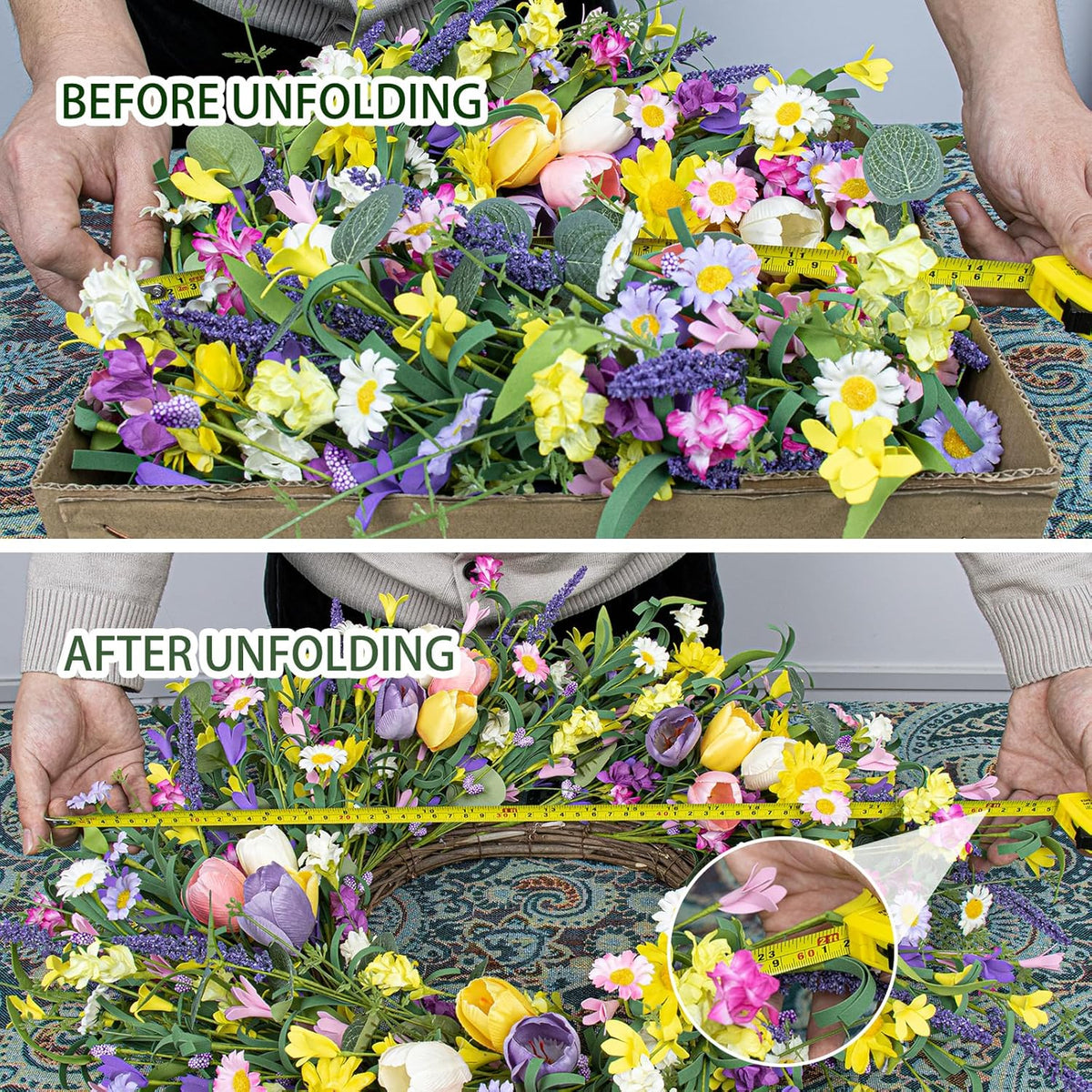 Spring Wreath 22 inch Indoor Summer Wreaths Artificial Spring Wreaths for Front Door, Tulip Wreath with Daisy and Lavender for Home Holiday Decor