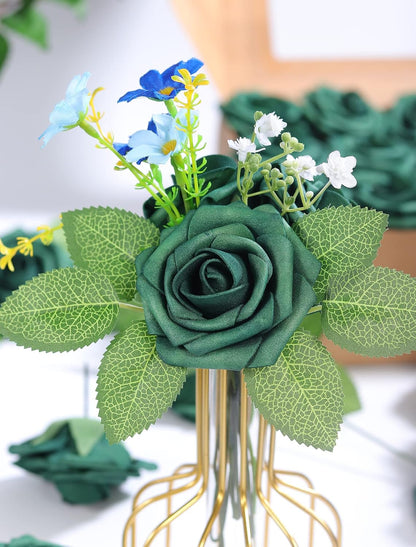 50 Pcs Artificial Flower，Real Touch Foam Roses w/Stem DIY for Wedding Bouquet Centerpieces Party Shower Home Decor-Green boxpack