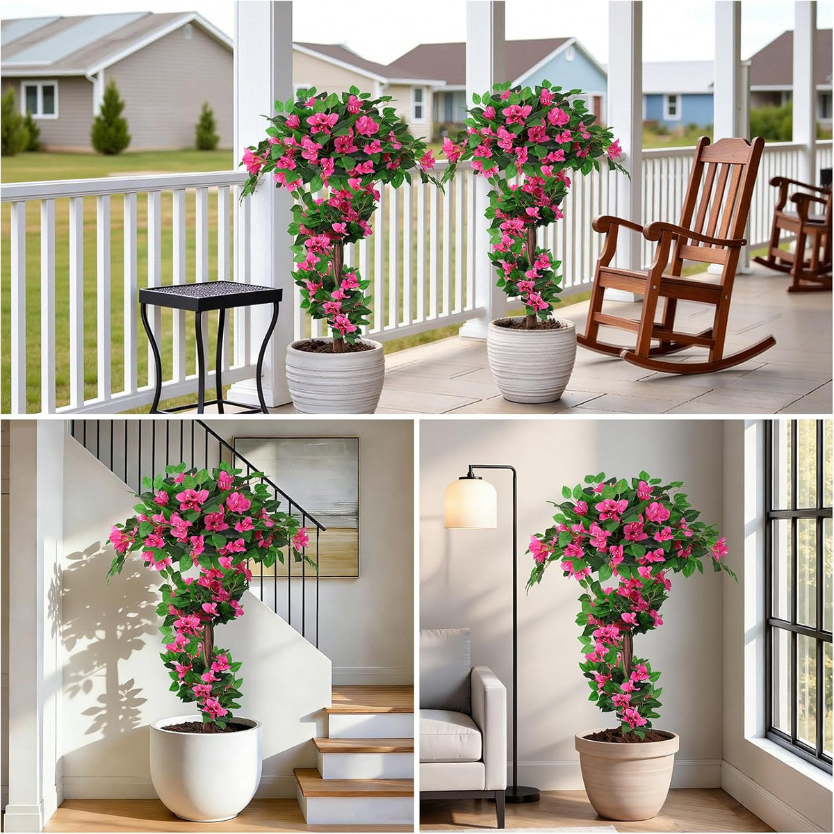 2 Pack 4FT Artificial Bougainvillea Topiary Trees for Outdoor, Fake Silk Flowers Plants Bushes with Ground Spike, Faux UV Resistant Shurbs Trees for Outside, Front Porch, Patio, Balcony Decor