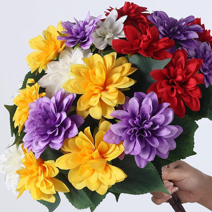 VIERENA 16 Bundles Artificial Dahlia Flowers for Outdoors Spring Summer Decor, No Fade Silk Flower Faux Dahlias Plant Arrangement for Home Garden Balcony Farmhouse（Mixed Color）