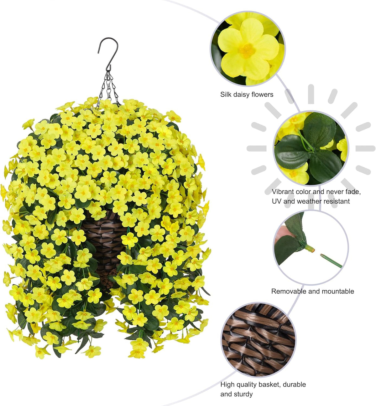 HyeFlora Artificial Fake Hanging Outdoor Flowers Plants Basket, Faux Silk Yellow Daisy Flowers UV Resistant Realistic Hanging Planter Orchid Vines for Outside Porch Patio Home Garden Yard Decoration