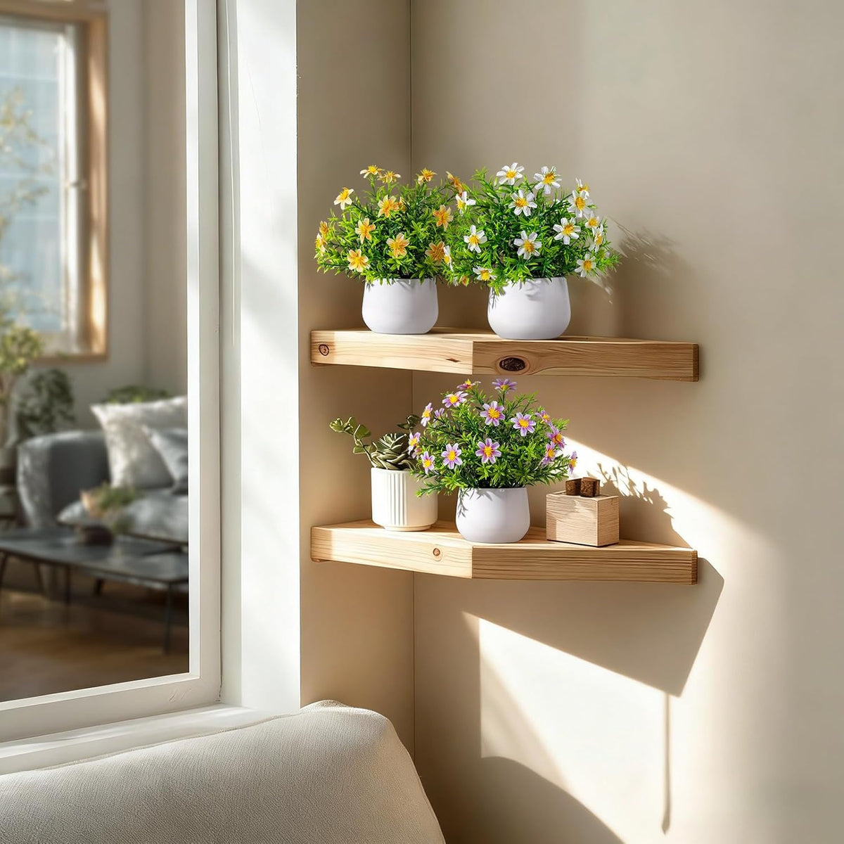 3 Pack Small Fake Plants Artificial Potted Flowers for Indoor Mini Faux Plants with Flowers Greenery for Home Decor Living Room Bathroom Bedroom Office Table Shelf (White+Yellow+Purple)