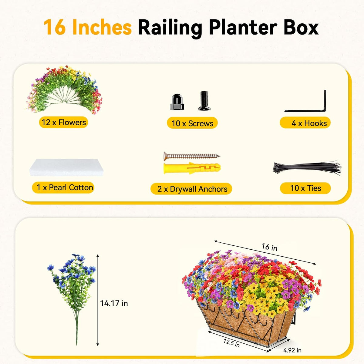 ZeeDix Railing Planter Boxes with Artificial Flowers, 2 Pack 16 Inch Window Box Planter with 24 Pack Fake Flowers for Deck Porch Patio Balcony Garden Home Decor