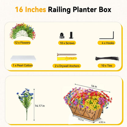 ZeeDix Railing Planter Boxes with Artificial Flowers, 2 Pack 16 Inch Window Box Planter with 24 Pack Fake Flowers for Deck Porch Patio Balcony Garden Home Decor