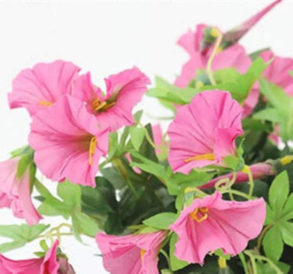 Hanging Basket Artificial Flowers Morning Glory for Balcony Outdoor Decoration, Rose Red (Big Basket and Artificial Flowers)