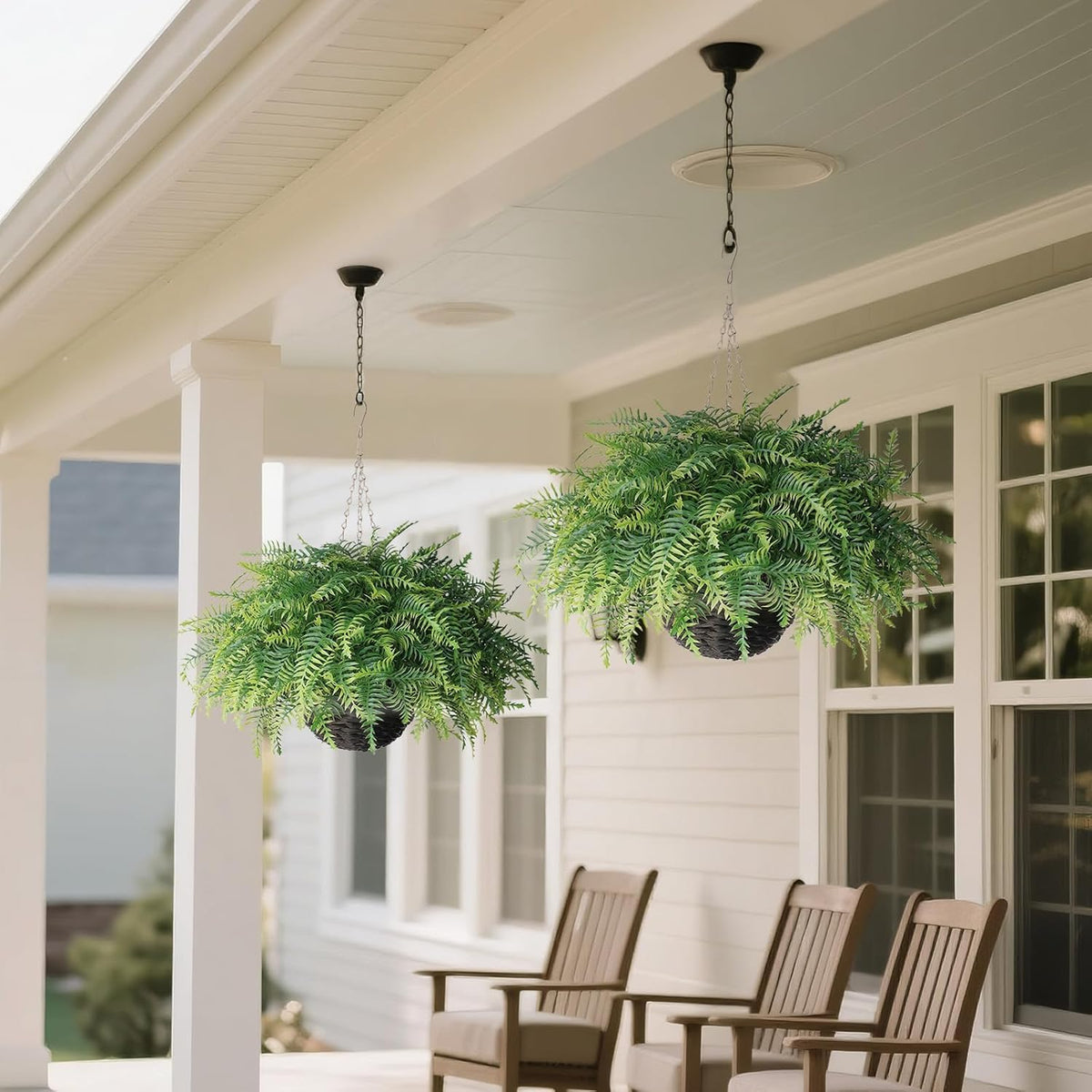 Artificial Ferns Plants with Hanging Basket-2 Set for Outdoor Decoration, Fake Boston Fern Hanging Planters Faux Greenery UV Resistant for Front Porch Patio Garden Farmhouse Home Decor (Green)