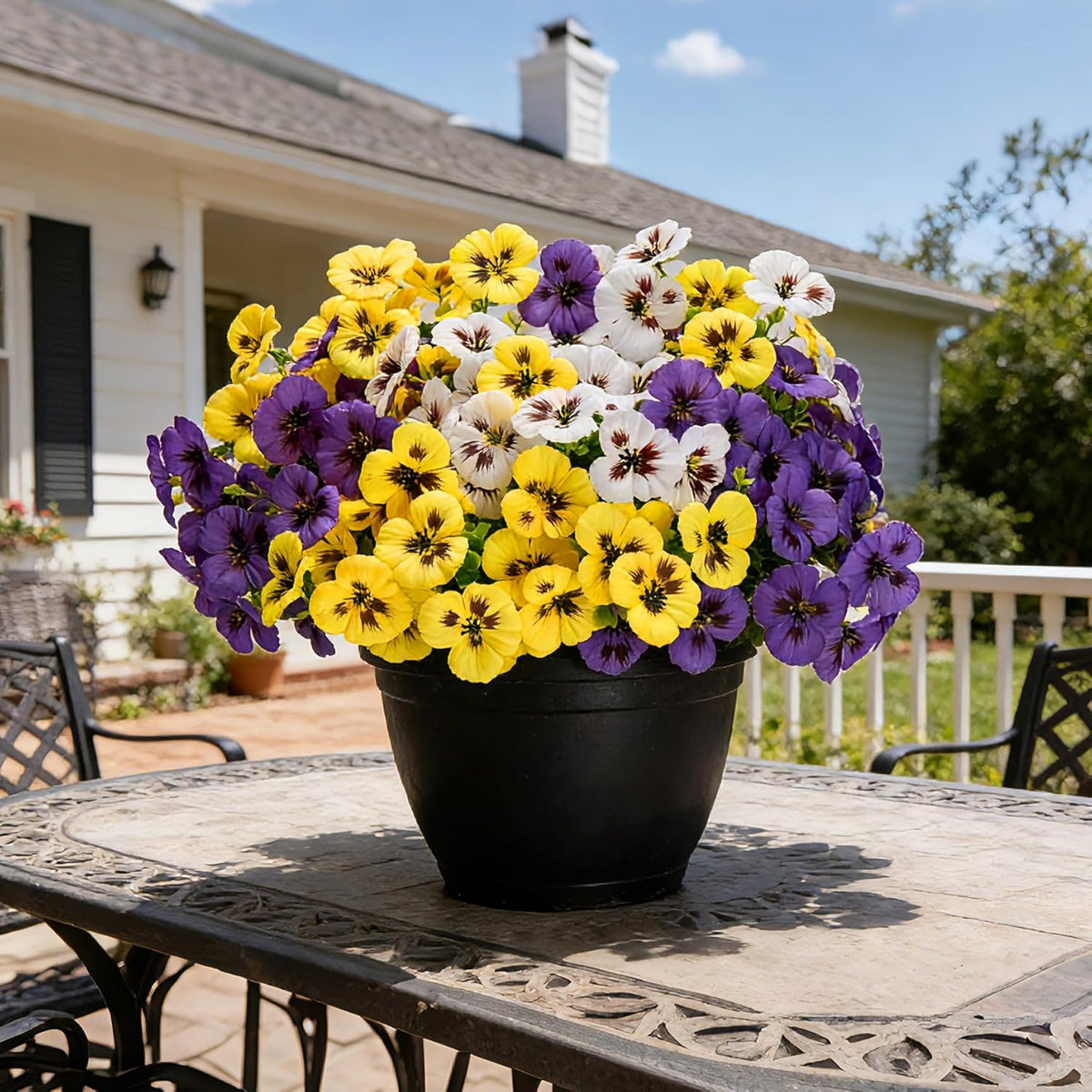 Artificial Pansies Flowers for Outdoors, 12 Pcs Faux Silk Pansy Flower UV Resistant Fake Plants for Outside Planter Porch Yard Patio Home Decor, Yellow White Purple, 12