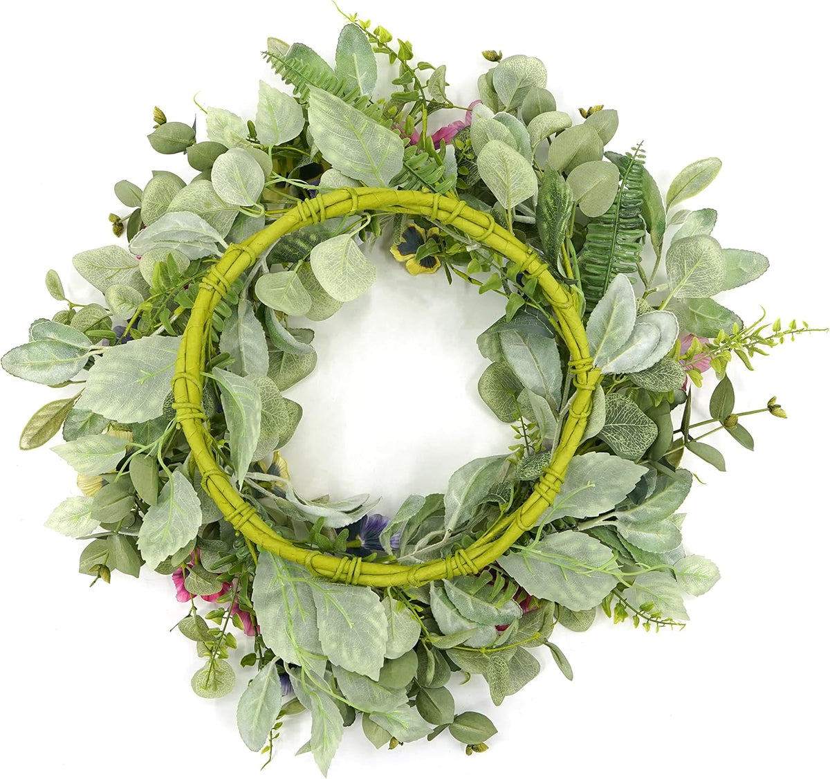 Artificial Spring Summer Wreath with Pansy Flowers, Flocked Lamb Ear Leaves, Eucalyptus Leaves, Fern Branches for Front Door Indoor Outdoor Farmhouse Wall Holiday Decor, White Gift Box Included