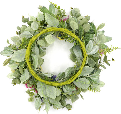 Artificial Spring Summer Wreath with Pansy Flowers, Flocked Lamb Ear Leaves, Eucalyptus Leaves, Fern Branches for Front Door Indoor Outdoor Farmhouse Wall Holiday Decor, White Gift Box Included