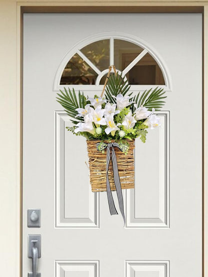 Artificial Flowers Basket, Hanging Door Basket, Artificial Hanging Baskets with Flower, Basket Wreath for Outdoor Indoor Wall Door