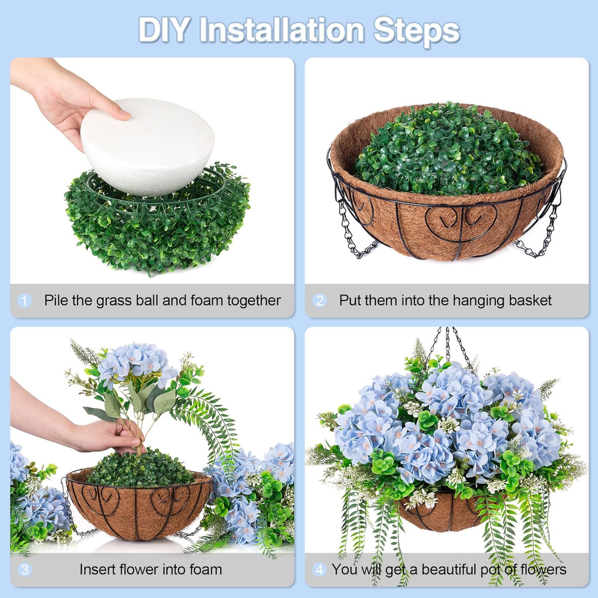 Artificial Hanging Hydrangea Flowers with Basket for Outdoor Spring Decoration, Fake Silk Hydrangea Flower Outdoor Indoor Arrangements, Fake Hanging Plants for Balcony Garden Yard Decor(Blue)