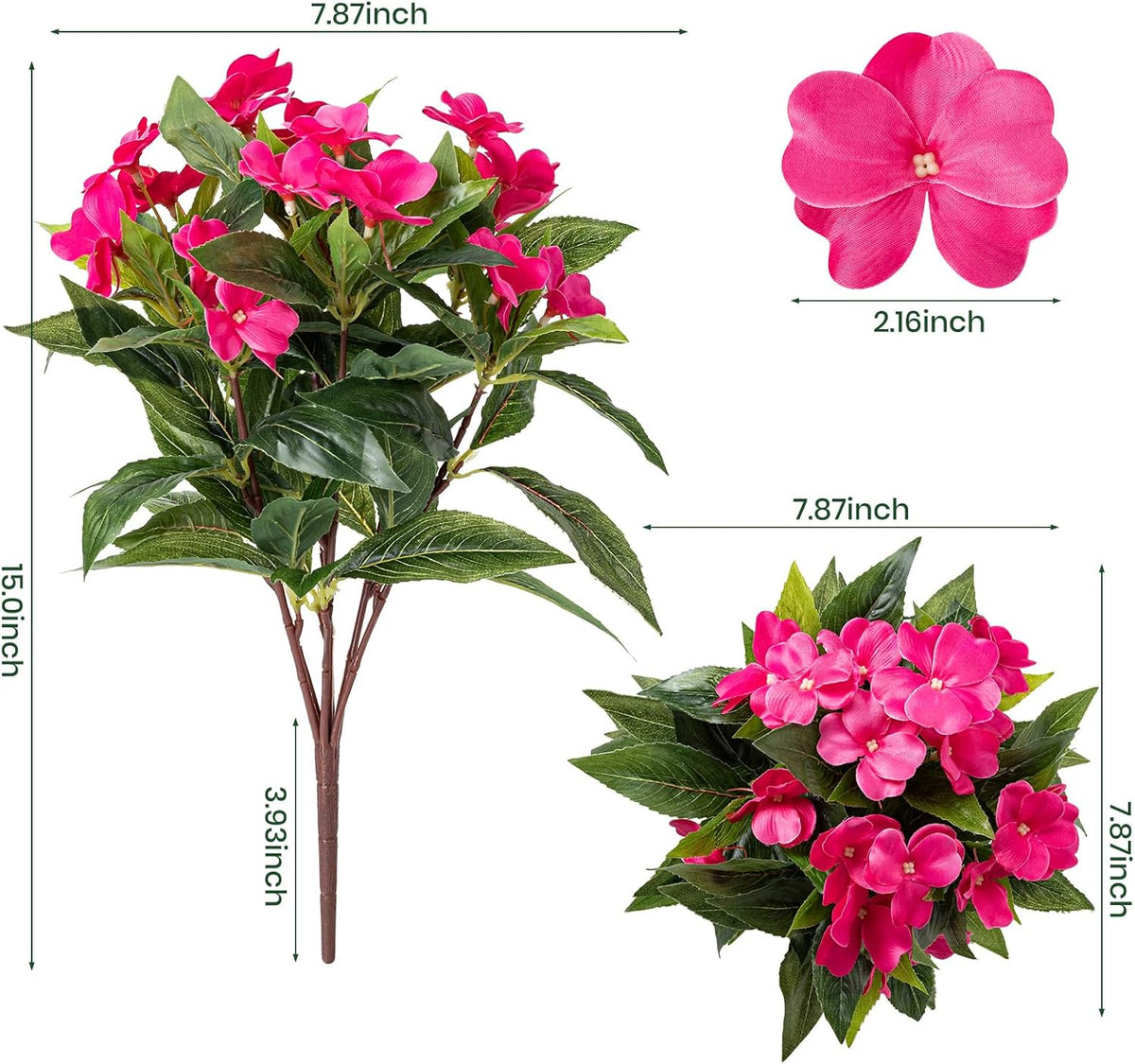 Artificial Fake Flowers for Outdoor Décor 6 Bundles UV Resistant Fake Plants for Planter Faux Impatiens for Home Porch/Garden Stunning（Rose Red）