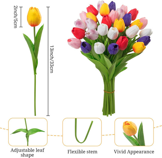 Ouddy Decor 30 Pcs Multicolor Tulips Artificial Flowers Real Touch PU Faux Flowers Fake Tulips Stems for Spring Summer Bouquet Floral Room Table Party Wedding Easter Mothers Gifts Home Decorations