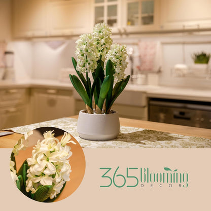 365 Blooming Decor 16 inch Tall White Potted Faux Hyacinth Flower Plant with River Stone-Luxury Artificial Garden Hyacinth for Home, Office Decoration, Housewarming