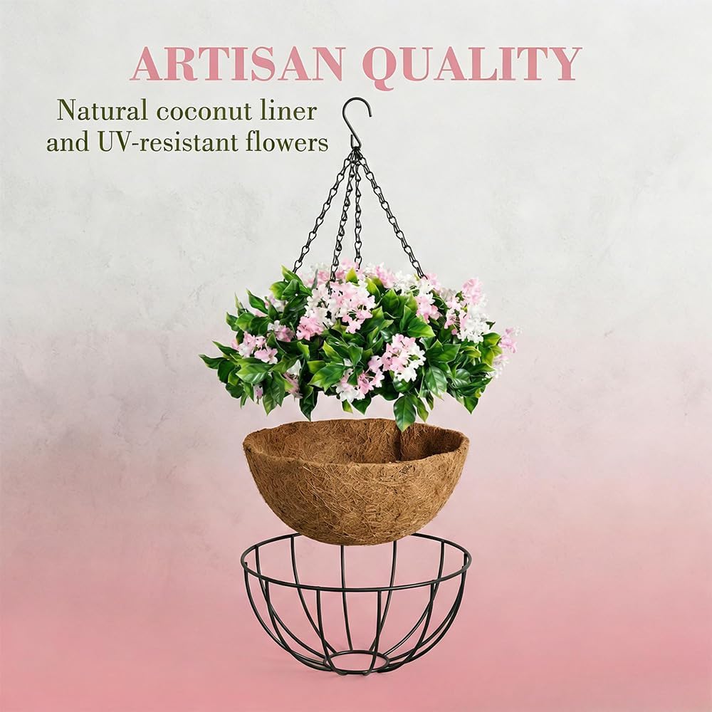 15" Faux Crepe Myrtle Hanging Baskets - Set of 2, Artificial Hanging Plants Flowers for Outdoors, No Maintenance Required, No Watering Needed. Brighten Your Porch Instantly! (Pink)