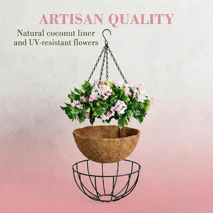 15" Faux Crepe Myrtle Hanging Baskets - Set of 2, Artificial Hanging Plants Flowers for Outdoors, No Maintenance Required, No Watering Needed. Brighten Your Porch Instantly! (Pink)