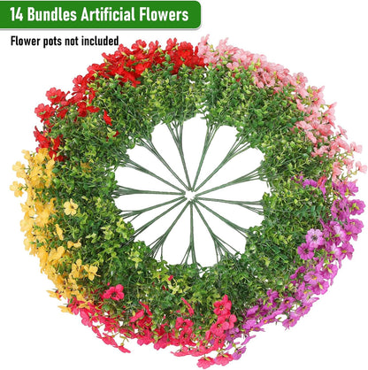 Artificial Flowers Outdoor Fake Plants, Faux Silk Flowers Plastic Plants for Outdoors Indoor and Outdoor Front Porch Hanging Planter Window Box Garden Home Spring Decoration, 14 Pack (Mix)