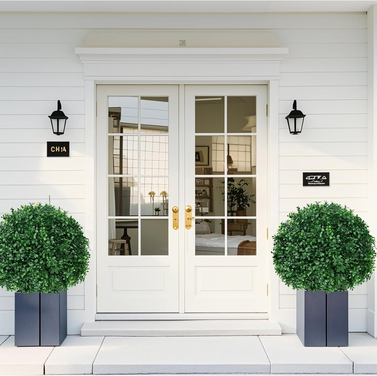 Artificial Boxwood Topiary Ball Trees, 2 Set of 16" UV Resistant Fake Evergreen Shrubs Bushes Plants with Ground Spike, Fake Plants for Outdoor Indoor Front Porch Garden