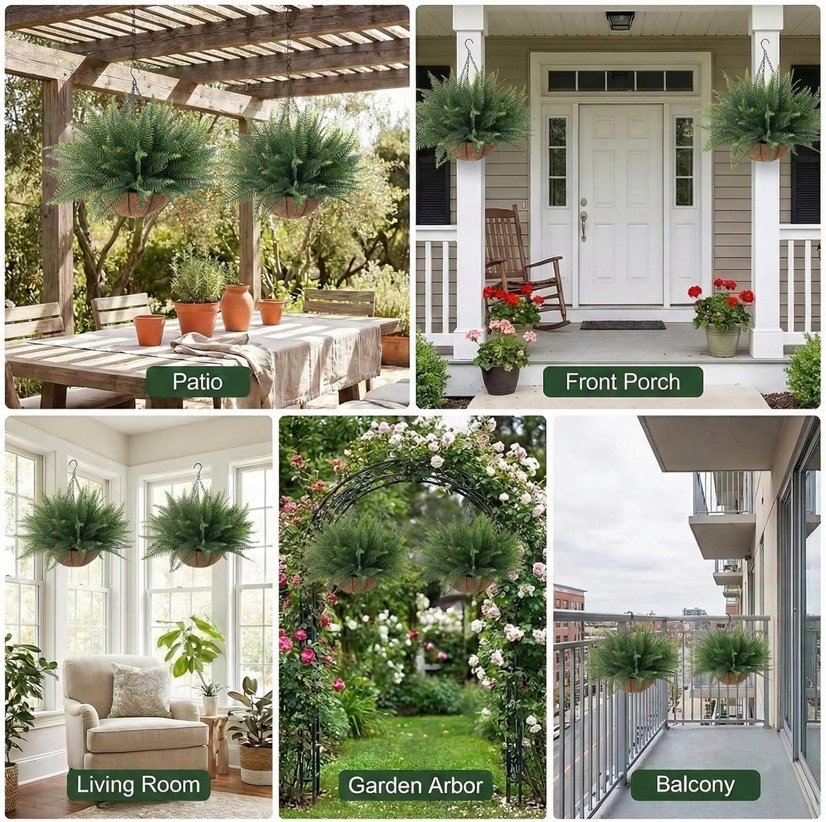 Fake Ferns Hanging Baskets, 2 Pcs Artificial Hanging Plants Outdoor, 2 Hanging Planters with 24 Pcs Fake Ferns for Indoor and Outdoor Decorations for Front Porch Garden Balcony Patio Home Decor (2, Green)
