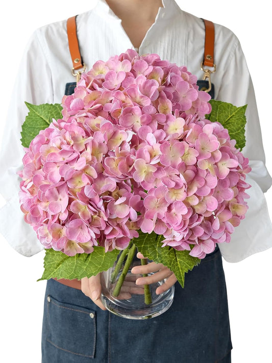 3 Pcs 21" Pink Real Touch Fake Hydrangea Flowers, Latex Full Lifelike Silk Artificial Hydrangeas Fake Flowers for Bouquet Table Centerpieces Spring Wedding Indoor Home