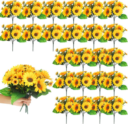 Redbaker 24 Bundles Sunflower Faux Mums for Outdoor Artificial Flower with Stems Bouquet Fake Plants Bulk UV Resistant Plastic No Fade Wedding Fall Garden Home Window Decor (Little Sunflower, Yellow)