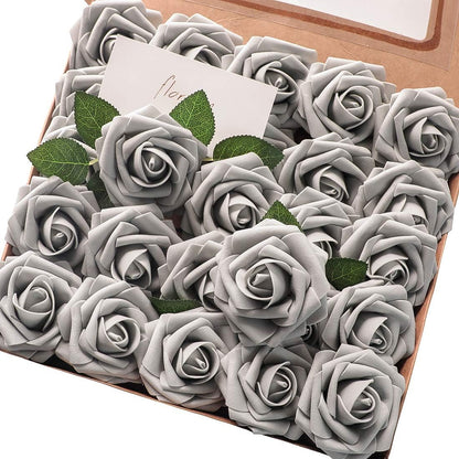 Floroom Artificial Flowers 50 Pcs Real Looking Silver Grey Foam Fake Roses with Stems for DIY Wedding Bouquets Bridal Shower Centerpieces Floral Arrangements Party Tables Home Decorations