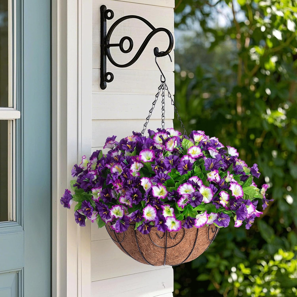 Artificial Hanging Flowers 12 inch Basket, Faux Silk Petunias Flower Arrangement, Coconut Lining Pot Planter with Morning Glories Patio Garden Porch Deck Spring Summer Decor (Purple Edge)