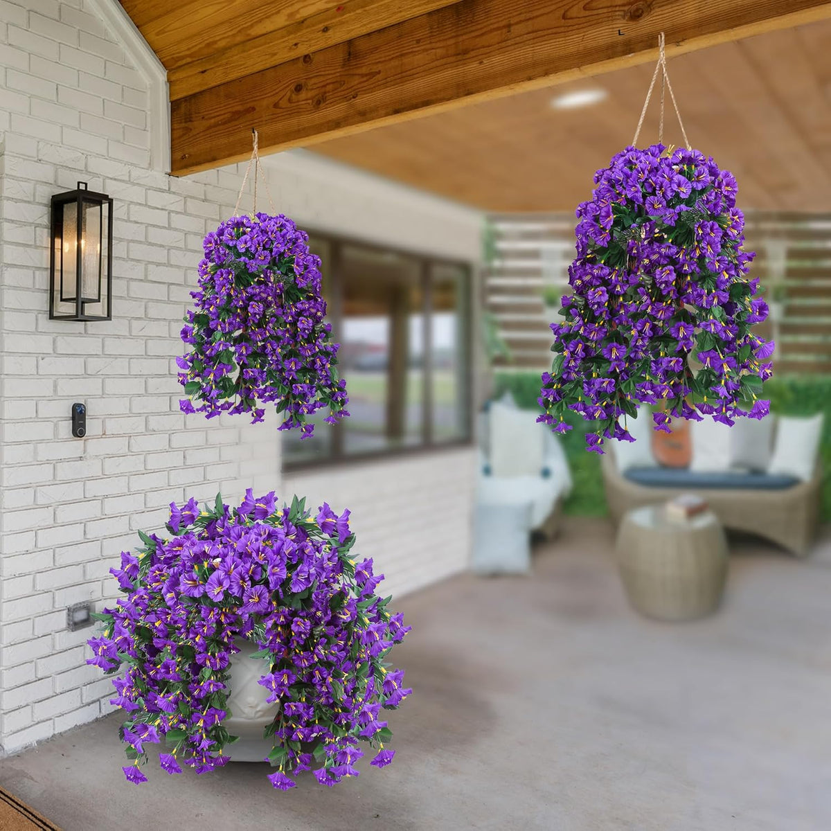 Artificial Fake Hanging Flowers Plants for Outdoor Outside Spring Summer Decoration 2PCS Faux Silk UV Resistant Realistic Morning Glory Trailing Vines for Home Porch Patio Balcony(Purple)
