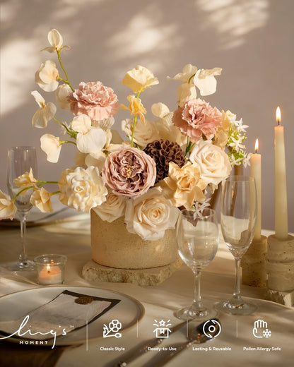 Ling's Moment Fake Flowers Box, Faux Peony Artificial Dahlia Foam Roses Silk Carnation for Centerpiece Bouquet Wedding Floral Arrangement Bridal Shower Party, Earth Brown & Butter Yellow, Deluxe Combo
