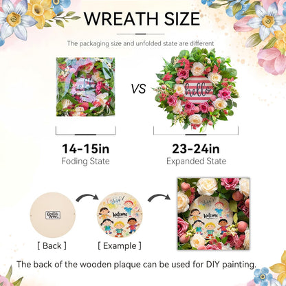 Spring Summer Wreaths for Front Door Outside, 24 Inch Peony & Rose Floral Summer Wreath with Pink Peach Farmhouse Door Decor, Spring Wreaths for Front Door, Spring Door Wreath for Front Door Outside