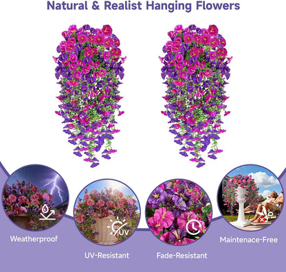Artificial Hanging Flowers for Outdoors, 2 PCS 300 Blooms UV Resistant Morning Glory Faux Silk Vines, No-Odor Realistic Fake Plants for Garden Planter Porch Patio Decoration, Fuchsia & LightPurple