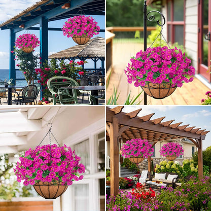 Ouddy Decor Artificial Hanging Plants Flowers Basket for Spring Summer Outdoor Decor, Fake Hanging Flowers Faux Silk Morning Glory UV Resistant for Patio Yard Porch Garden Home Decorations, Fuchsia