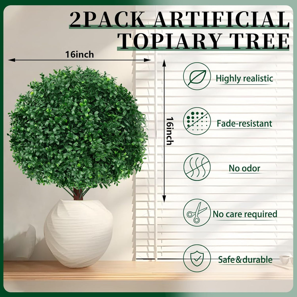Artificial Boxwood Topiary Ball Trees, 2 Set of 16" UV Resistant Fake Evergreen Shrubs Bushes Plants with Ground Spike, Fake Plants for Outdoor Indoor Front Porch Garden