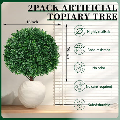 Artificial Boxwood Topiary Ball Trees, 2 Set of 16" UV Resistant Fake Evergreen Shrubs Bushes Plants with Ground Spike, Fake Plants for Outdoor Indoor Front Porch Garden