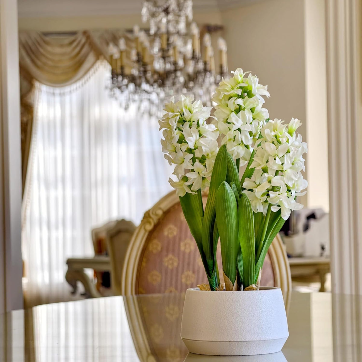365 Blooming Decor 16 inch Tall White Potted Faux Hyacinth Flower Plant with River Stone-Luxury Artificial Garden Hyacinth for Home, Office Decoration, Housewarming