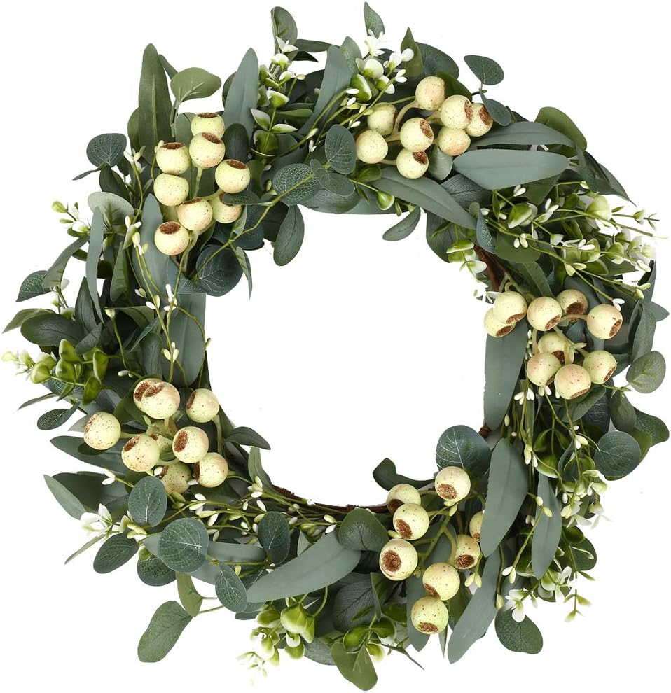 JINGHONG Eucalyptus Wreaths for Front Door 20 Inch Green Home Decor for Wall Porch Window Spring Summer Wreath with Big Berries for All Seasons Winter Christmas