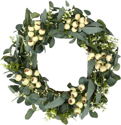 JINGHONG Eucalyptus Wreaths for Front Door 20 Inch Green Home Decor for Wall Porch Window Spring Summer Wreath with Big Berries for All Seasons Winter Christmas
