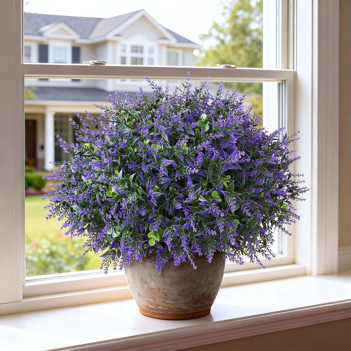 Set of 2 Artificial Eucalyptus Leaf & Lavender Topiary Trees for Front Door - UV Protection Faux Topiary Trees Fake Greenery Plant with Black Flowerpot for Farmhouse, Home, Outdoor Decor