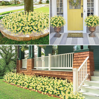 Ouddy Decor 24 Bundles Artificial Silk Flowers for Outdoors, Fake Plants Faux Greenery for Indoor and Outdoor Garden Porch Window Hanging Planter Office Table Home Decor, Yellow
