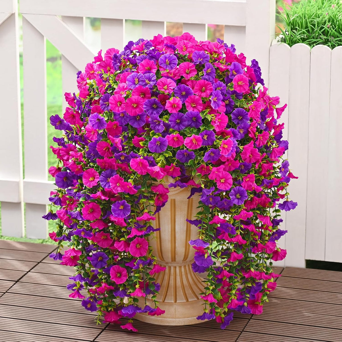 Dolicer 4 Packs Look Real Artificial Flowers for Outdoors, Fake Artificial Hanging Flowers for Outdoors Realistic UV Resistant Hanging Flowers Silk Petunia Faux Flowers for Porch Patio(Purple+Fuchsia)