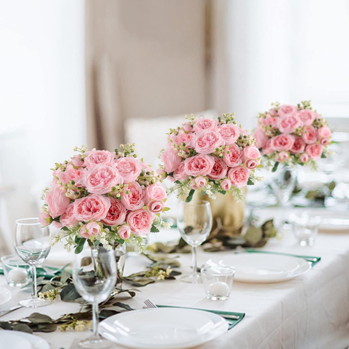 Artificial Peonies Silk Flowers, 4 Bundles Faux Peony Bouquet for Farmhouse Home Decor, Light Pink
