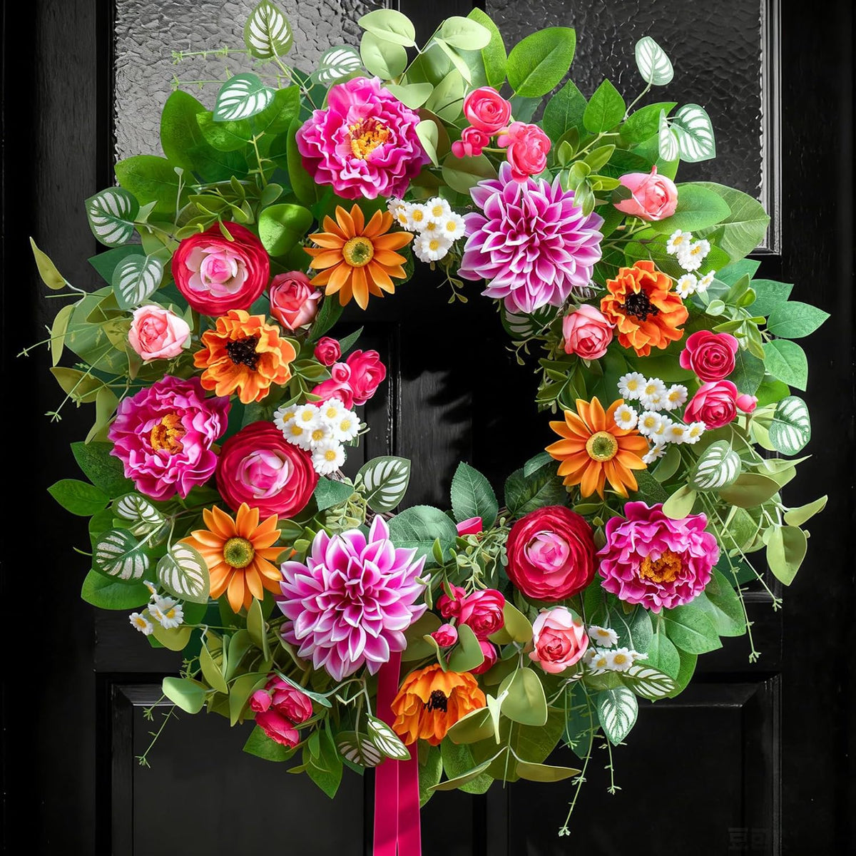 24 Inch Spring Summer Wreath for Front Door with Dahlia, Peony & Daisy Floral Decor
