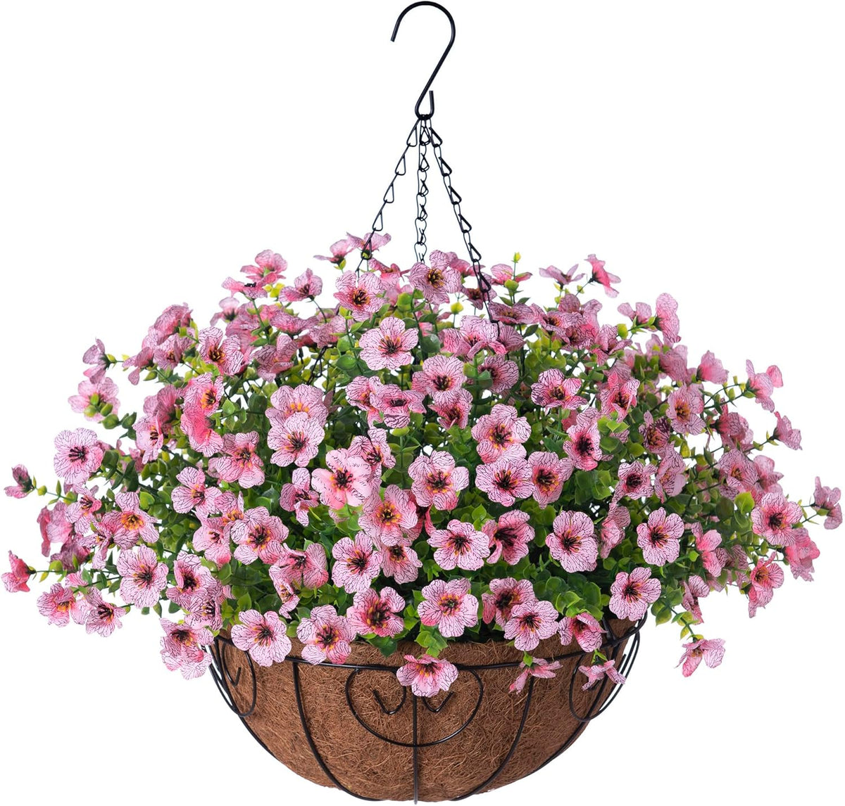 Artificial Faux Hanging Plants Flowers Basket for Spring Outdoor Decoration, Fake Silk Daisy UV Resistant Look Real with Eucalyptus Leaves Summer Outside Decor for Home Patio Garden