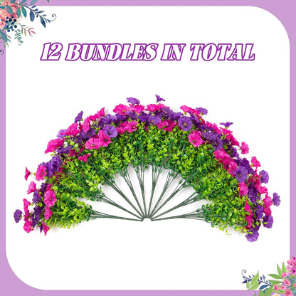 Artificial Flowers for Outdoors, 12 Bundles Fake Plastic Flower Plant, UV Resistant Faux Colorful Silk Morning Glory Petunias for Spring Summer Outside Garden Porch Front Door Decor, Purple