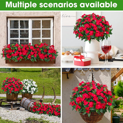5 Pcs Artificial Flowers for Outdoors Silk Impatiens Flowers Bouquet Decorations Fake Faux Plants UV Resistant for Spring Summer Garden Patio Porch Window Box Balcony Planters Home, Red