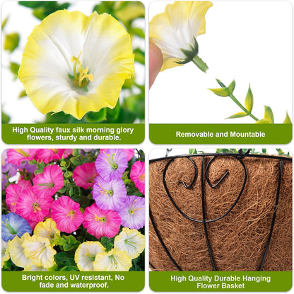 Artificial Fake Hanging Flowers Baskets for Outdoors Faux Plants Spring Outside Decor, UV Resistant Silk Morning Glory Flowers in Planter Realistic Petunias for Outdoor Porch Patio Garden Yard Home